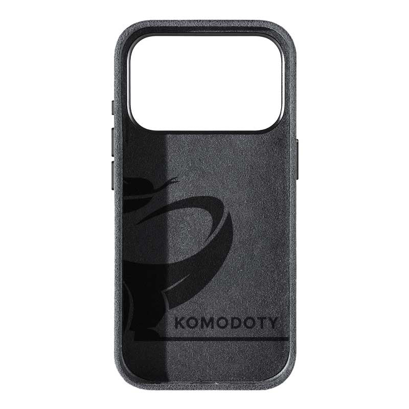 iPhone 17 Pro Max black Alcantara phone case with Komodoty logo inside on white background