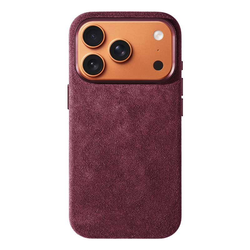 Burgundy Alcantara case for iPhone 17 Pro Max, product shot, straight-on back view with a Cosmic Orange phone inside, on a plain white background