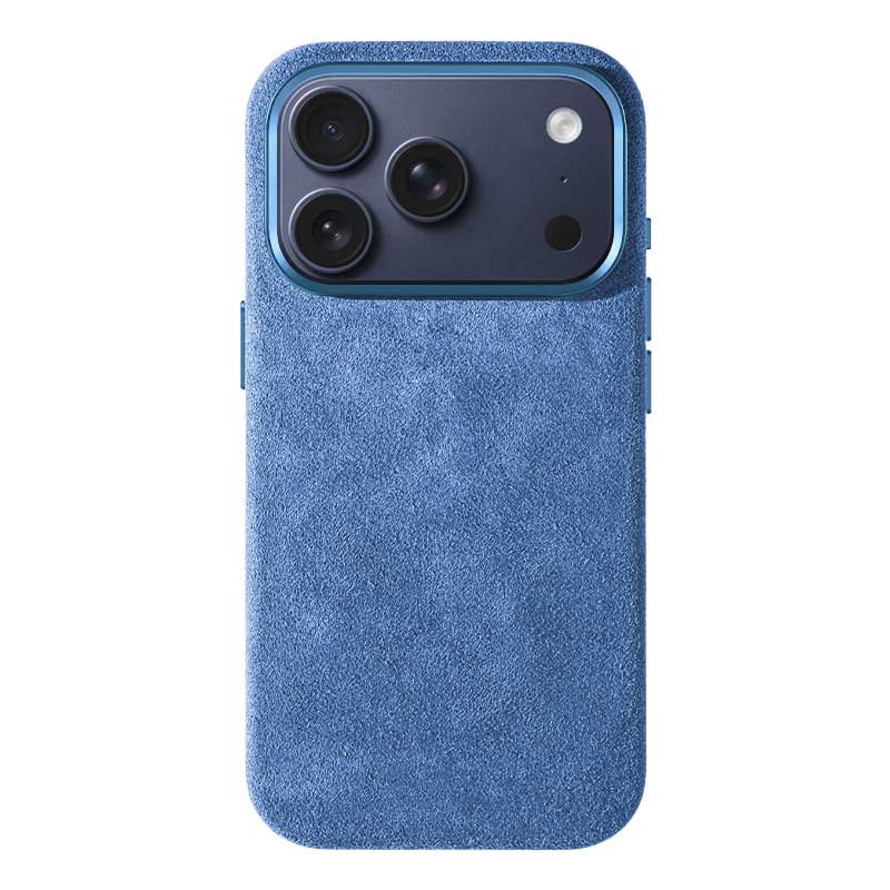 Glacier Blue Alcantara case for iPhone 17 Pro Max, product shot, straight-on back view with a Deep Blue phone inside, on a plain white background