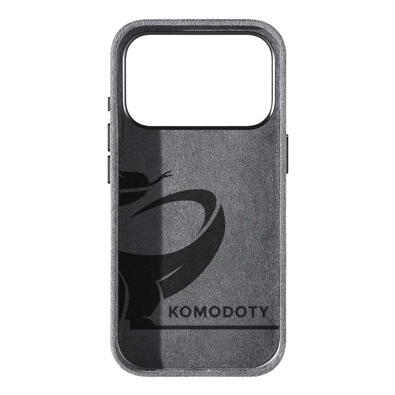 iPhone 17 Pro Max gray Alcantara phone case with Komodoty logo inside on white background