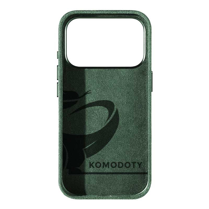 iPhone 17 Pro Max green Alcantara phone case with Komodoty logo inside on white background