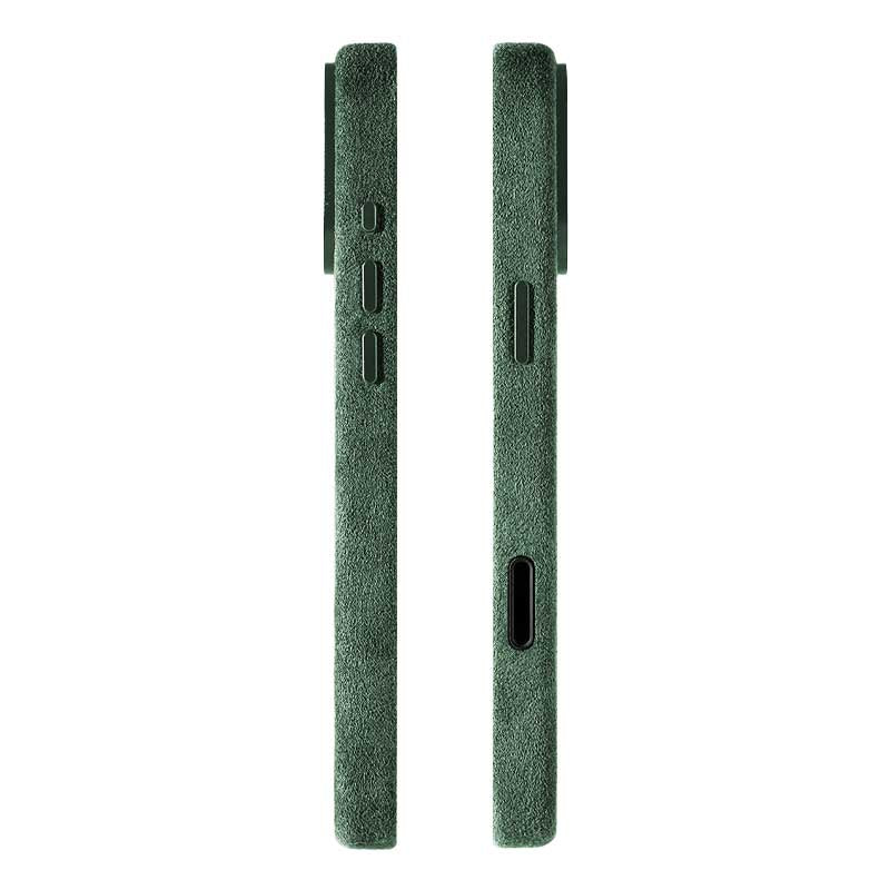 iPhone 17 Pro Max green Alcantara phone cases side view green buttons on white background