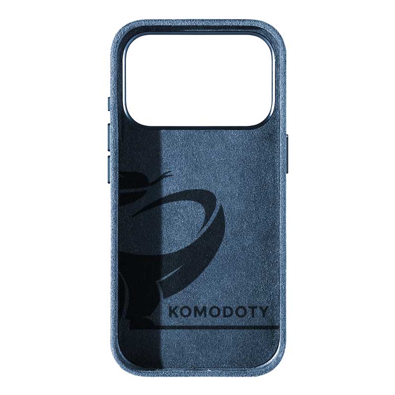 iPhone 17 Pro Max blue Alcantara phone case with Komodoty logo inside on white background