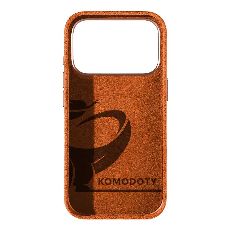 iPhone 17 Pro Max orange Alcantara phone case with Komodoty logo inside on white background