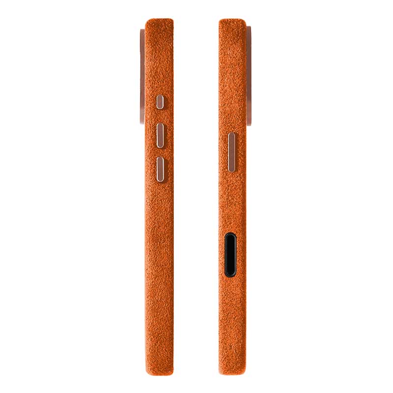 iPhone 17 Pro Max orange Alcantara phone cases side view orange buttons on white background
