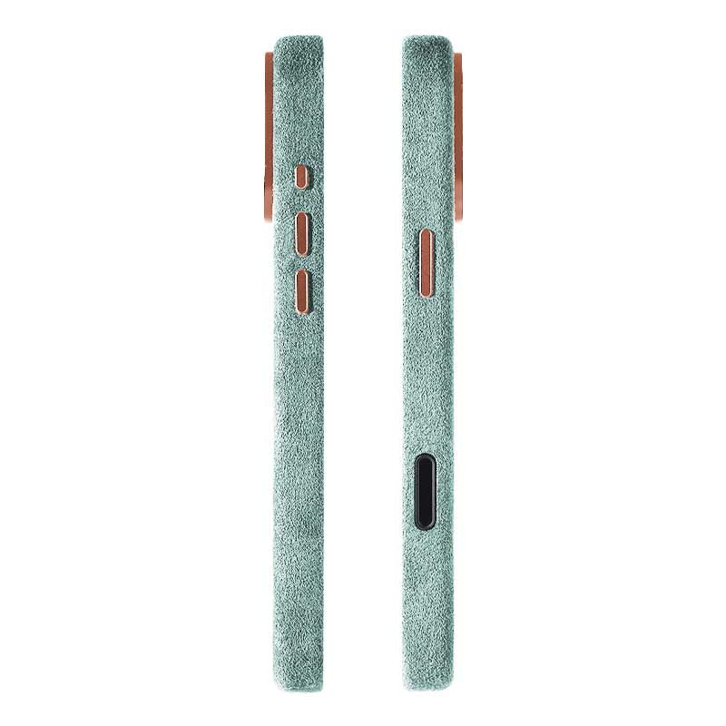 iPhone 17 Pro Max mint Alcantara phone case side view rose gold buttons on white background
