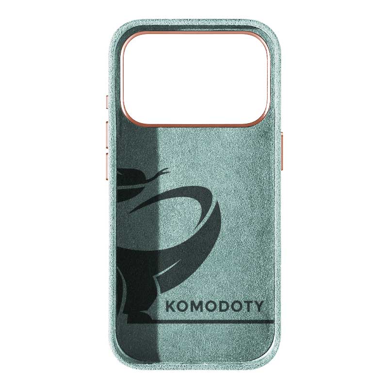 iPhone 17 Pro mint Alcantara phone case inside view with Komodoty logo on white background