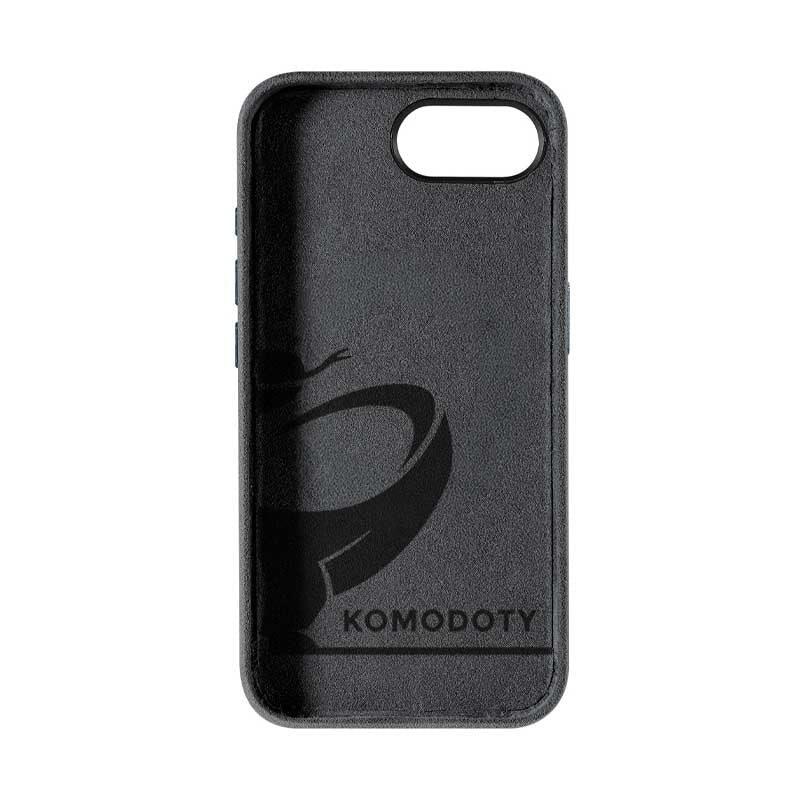 iPhone 17e black Alcantara phone case inside view with Komodoty logo on white background