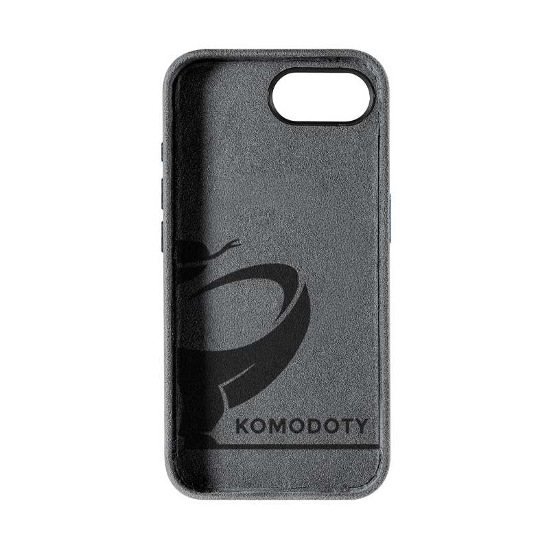iPhone 17e gray Alcantara phone case inside view with Komodoty logo on white background