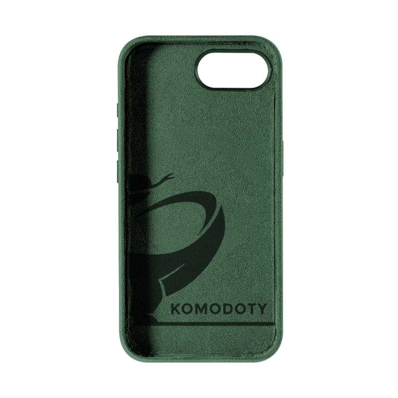iPhone 17e green Alcantara phone case inside view with Komodoty logo on white background