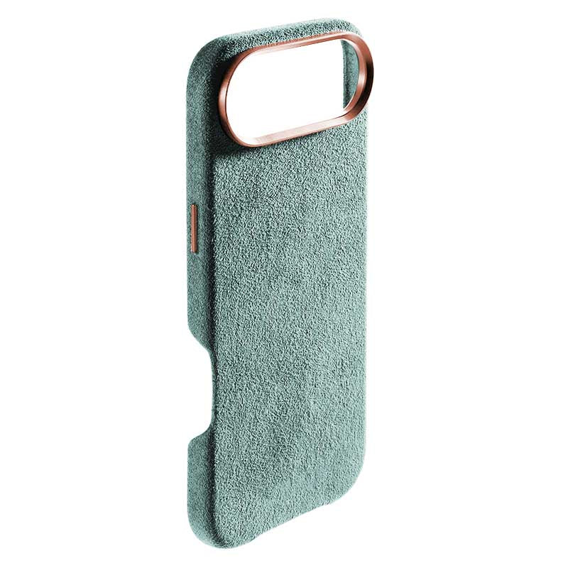 iPhone Air mint Alcantara phone case side view rose gold button on white background