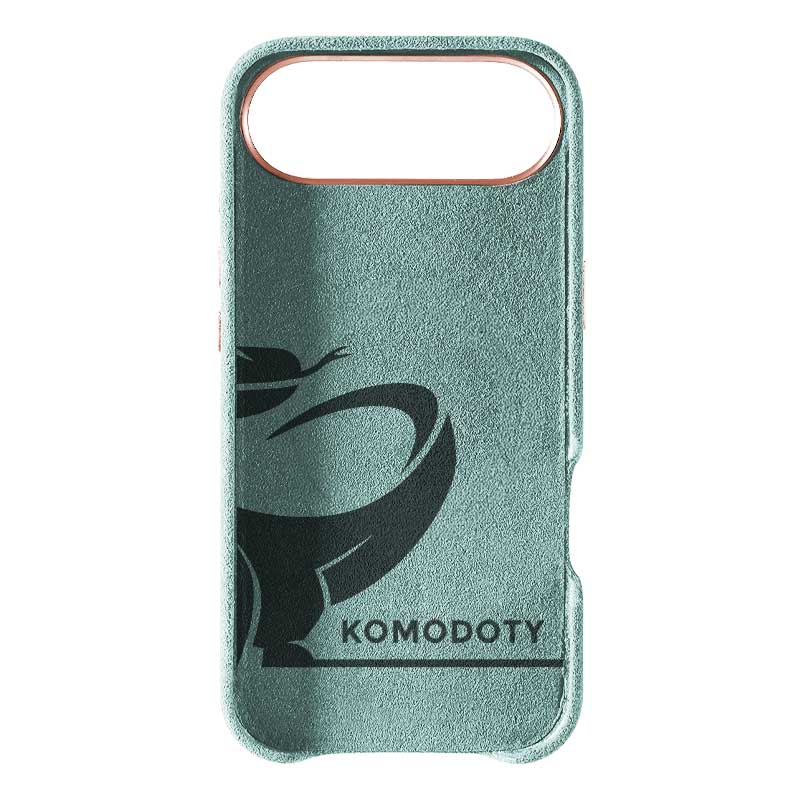 iPhone Air mint Alcantara phone case inside view with Komodoty logo on white background