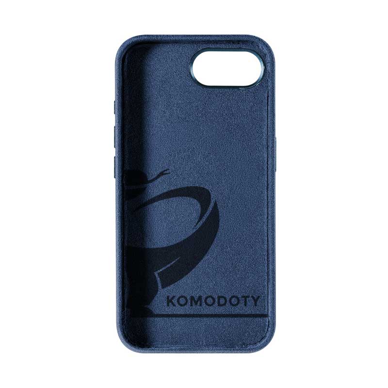 iPhone 17e blue Alcantara phone case inside view with Komodoty logo on white background
