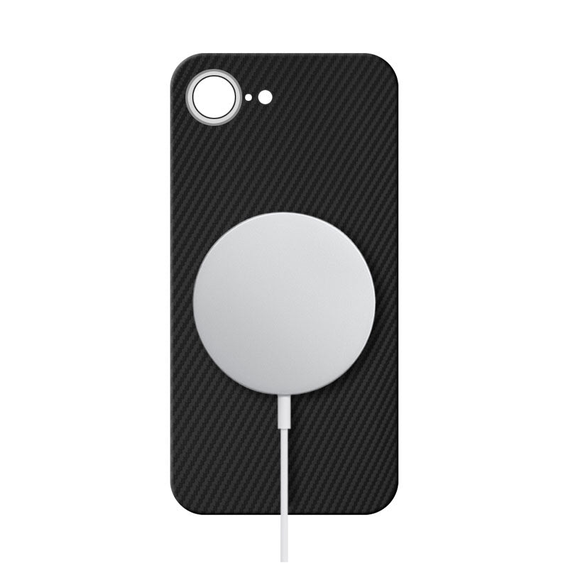 iPhone 17e aramid fiber phone case with MagSafe charger attached n white background