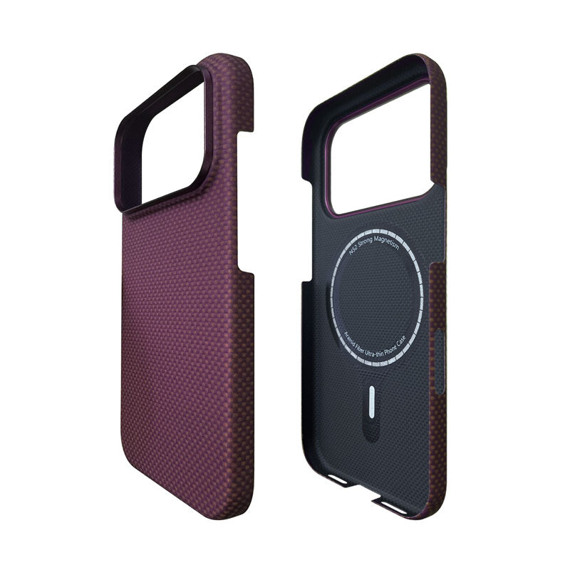 Two views of a protective iPhone 18 Pro case on a white background, showing the textured burgundy exterior and the black magnetic interior with a circular MagSafe ring.