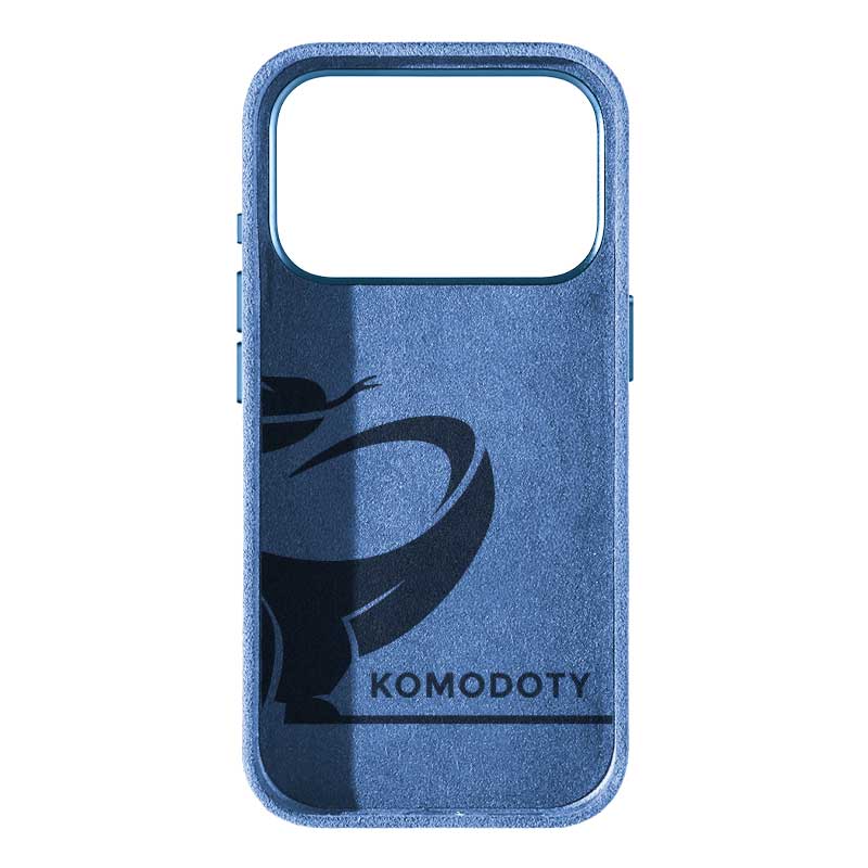 Glacier Blue Alcantara case for iPhone 18 Pro Max, inside view of the suede lining with Komodoty logo, on a plain white background