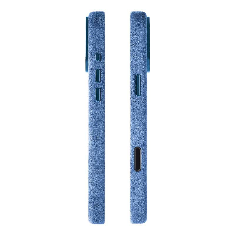 Glacier Blue Alcantara case for iPhone 18 Pro Max, side profiles of both edges showing buttons and charging port, on a plain white background