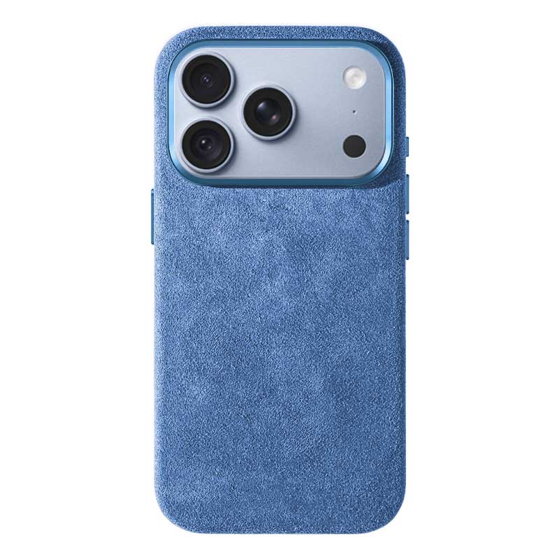 Glacier Blue Alcantara case for iPhone 18 Pro Max, product shot, straight-on back view with a light blue phone inside, on a plain white background