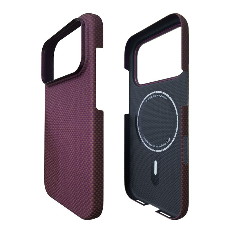 Two views of a protective phone case on a white background, showing the front textured burgundy side and the back textured black side with a circular MagSafe magnetic ring.