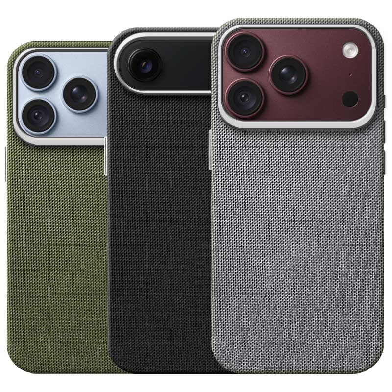 Three textured iPhone 18 Pro cases shown from the back, overlapping in a fan arrangement. The cases are olive green, matte black, and textured gray, each fitted on a smartphone with different camera module colors.