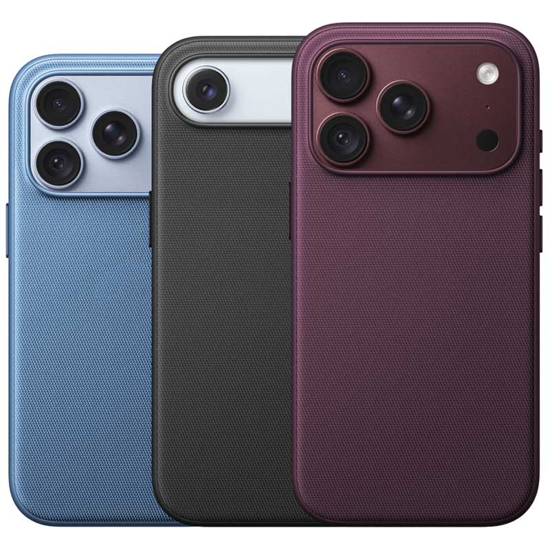 Three textured iPhone 18 Pro and iPhone Air back covers shown overlapping on a white background, in light blue, dark gray, and burgundy. Each cover includes a raised camera module area with multiple lenses and a small flash cutout.