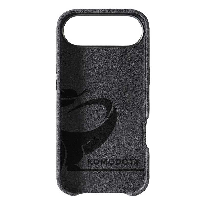 iPhone Air black Alcantara phone case with Komodoty logo inside on white background