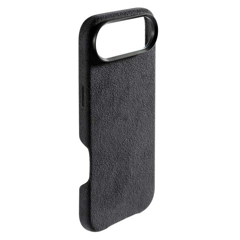 iPhone Air black Alcantara phone case side view button cutout on white background