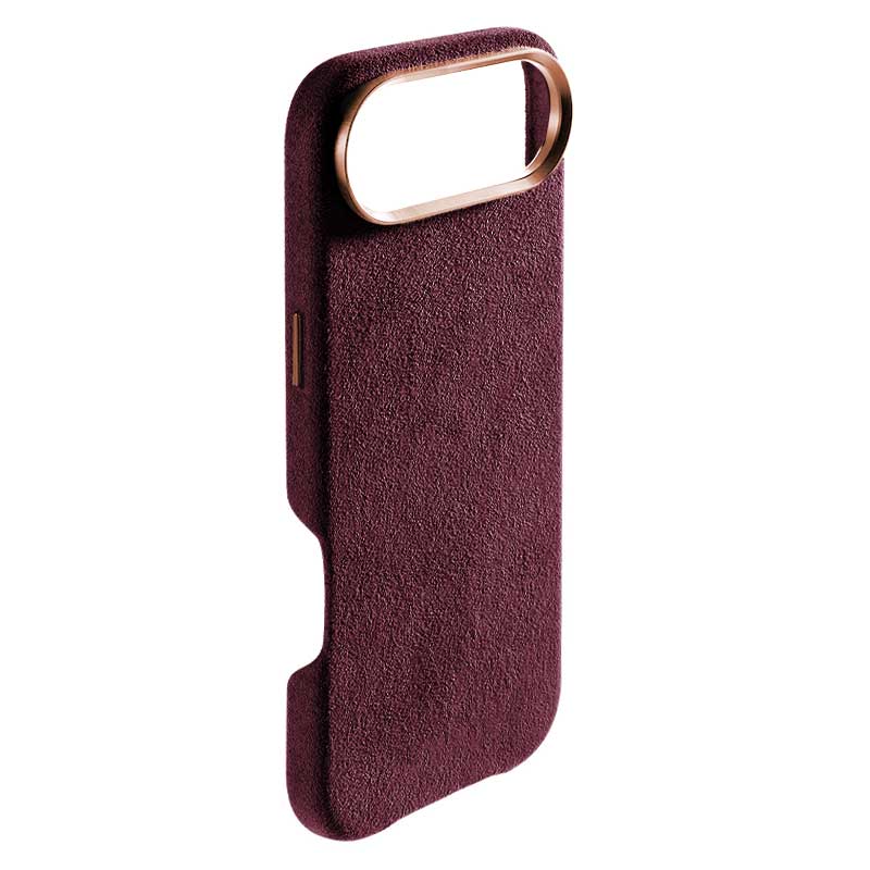 Burgundy Alcantara case for iPhone Air, 45° angle view of the empty case showing the rose gold camera ring, on a plain white background