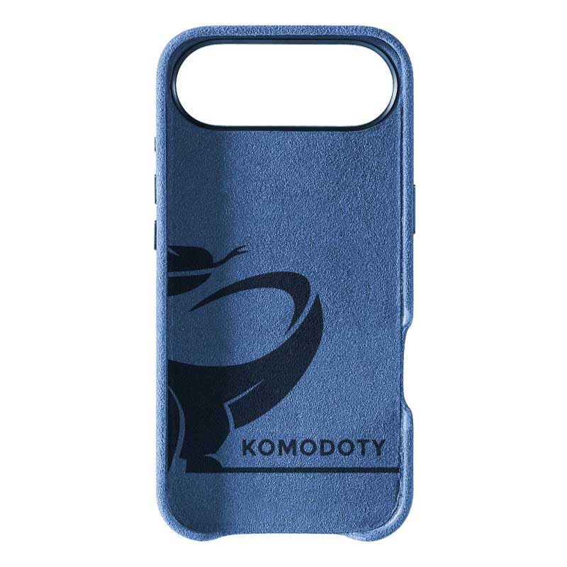 Glacier Blue Alcantara case for iPhone Air, inside view of the suede lining with Komodoty logo, on a plain white background