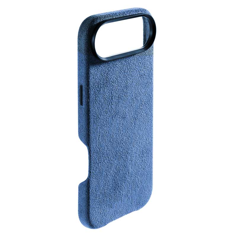 Glacier Blue Alcantara case for iPhone Air, 45° angle view of the empty case showing the camera bar cutout, on a plain white background