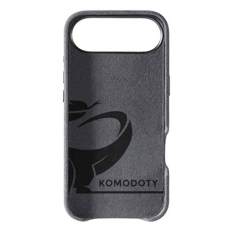 iPhone Air gray Alcantara phone case with Komodoty logo inside on white background