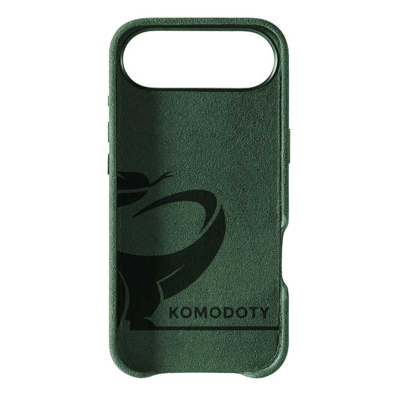 iPhone Air green Alcantara phone case with Komodoty logo inside on white background