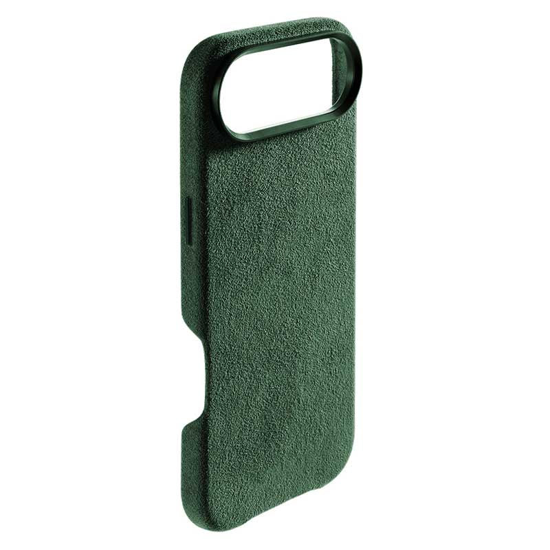 iPhone Air green Alcantara phone case side view button cutout on white background