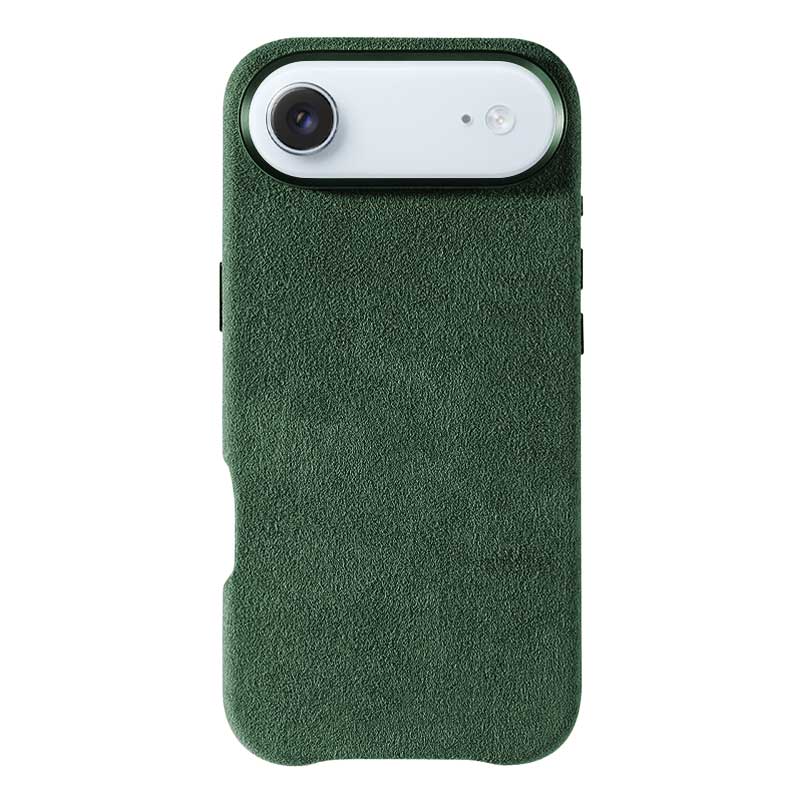 iPhone Air green Alcantara phone case on white background