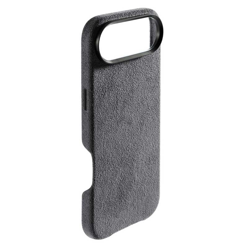 iPhone Air gray Alcantara phone case side view button cutout on white background