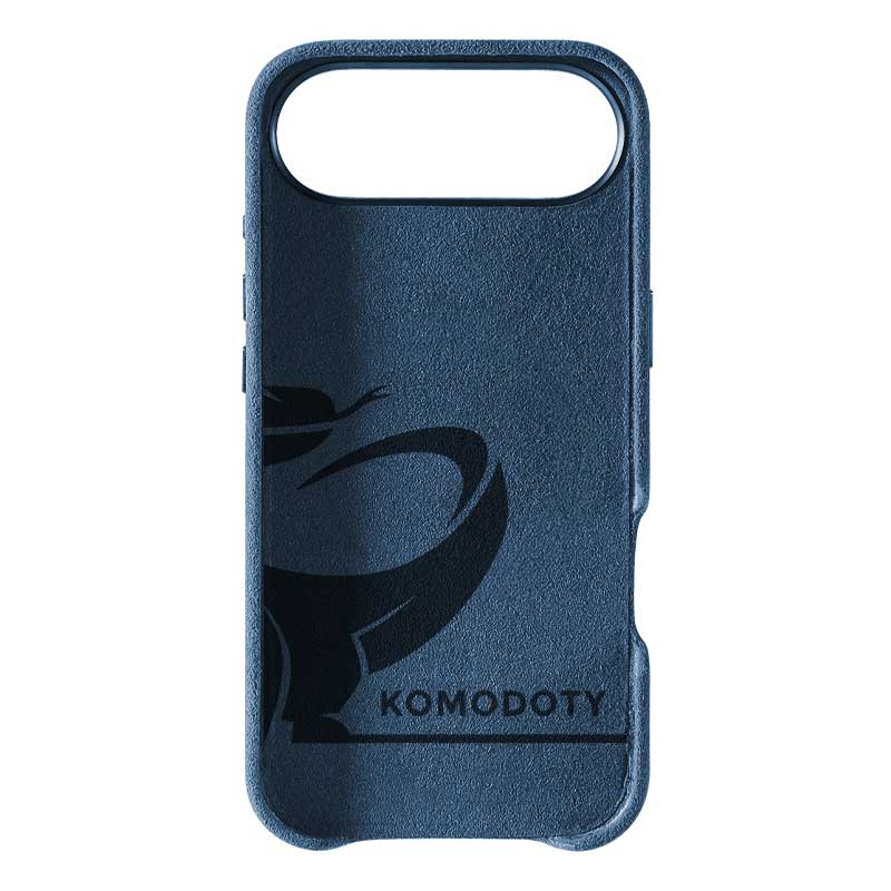 iPhone Air blue Alcantara phone case with Komodoty logo inside on white background