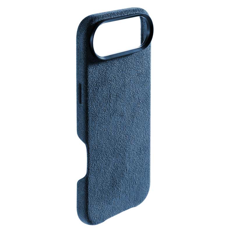 iPhone Air blue Alcantara phone case side view button cutout on white background