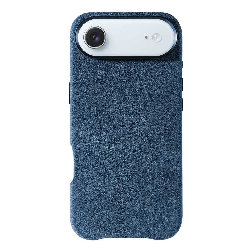 iPhone Air blue Alcantara phone case on white background