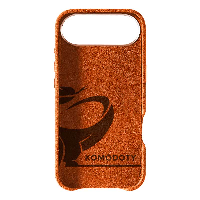 iPhone Air orange Alcantara phone case with Komodoty logo inside on white background