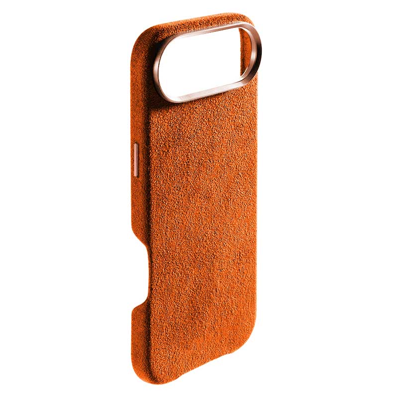 iPhone Air orange Alcantara phone case side view button cutout on white background