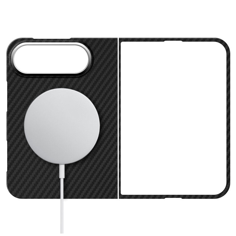A black carbon fiber textured iPhone Duo phone case in black with metal ring around camera lens and MagSafe charger attached, against a plain white background.