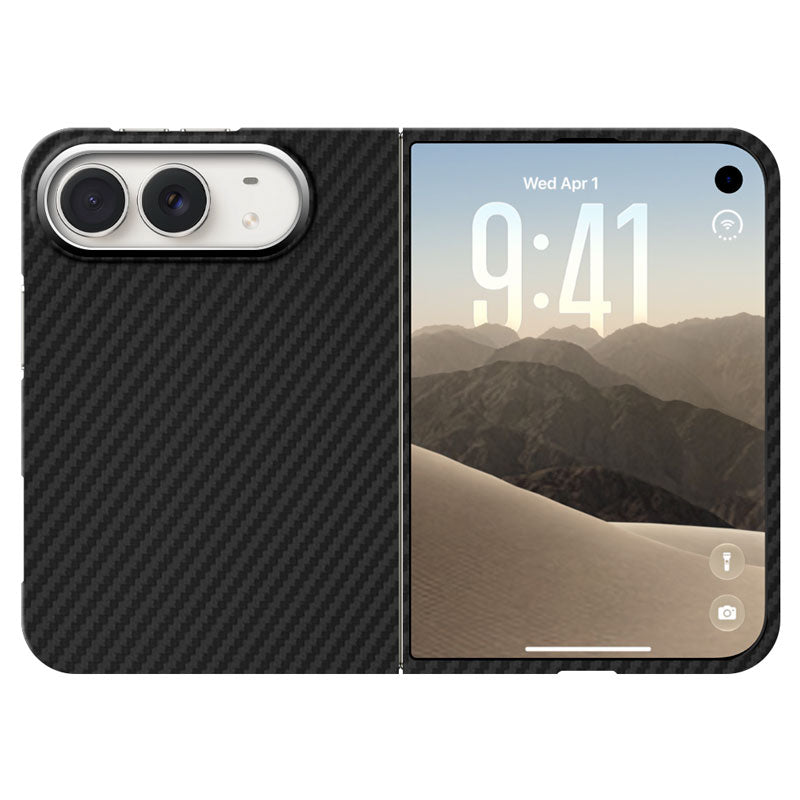 A black carbon fiber textured iPhone Duo phone case in black with metal ring around camera lens, against a plain white background.