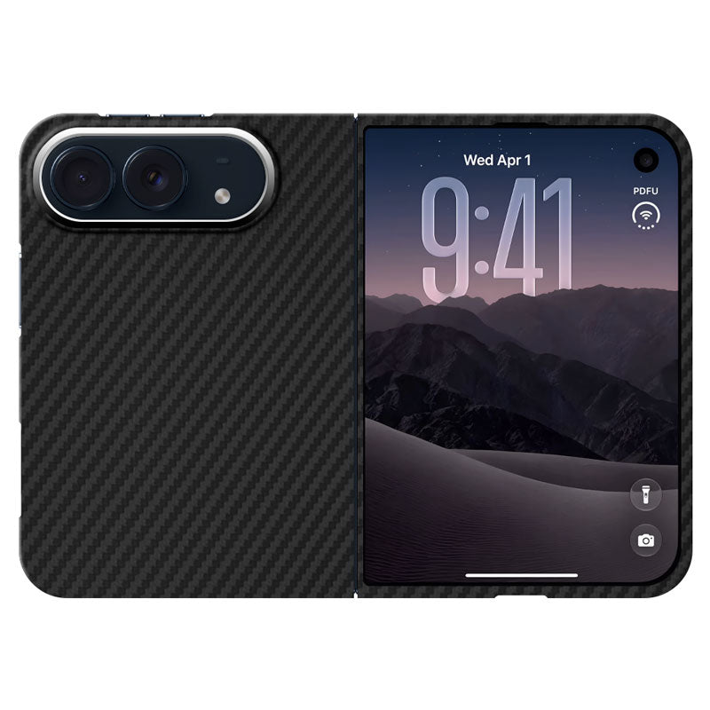 A black carbon fiber pattern iPhone Duo case on white background.