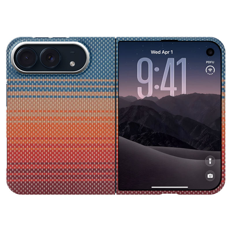 A protective iPhone Duo case with a textured woven pattern, featuring a blue-to-orange-to-red gradient design. The case is shown open, revealing a built-in screen flap that displays a desert mountain landscape at night as a wallpaper.