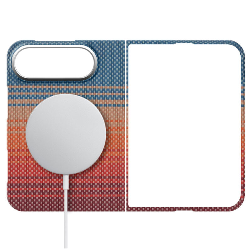 A protective iPhone Duo case with a textured woven pattern, featuring a blue-to-orange-to-red gradient design. The case is shown open with a MagSafe charger attached