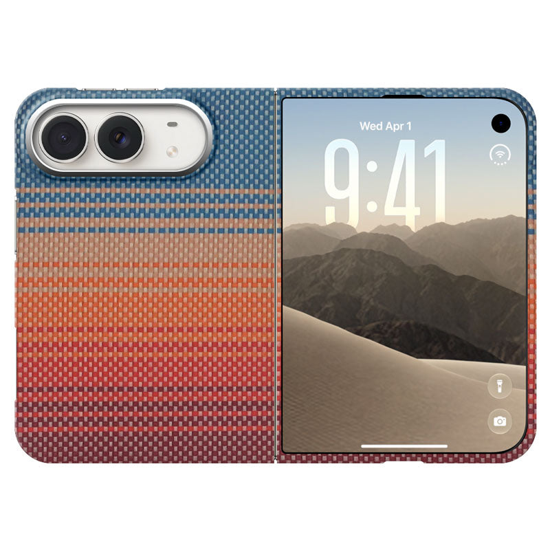 A protective iPhone Duo case with a textured woven pattern, featuring a blue-to-orange-to-red gradient design. The case is shown open, revealing a built-in screen flap that displays a desert mountain landscape wallpaper.
