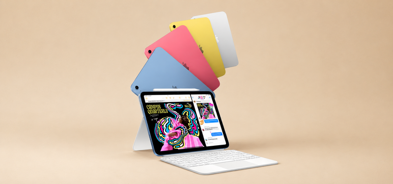 Apple iPad (11th generation, A16) tablet with Magic Keyboard on a beige studio background.