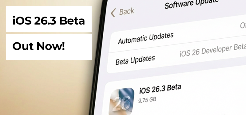 iPhone 17 running iOS 26.3 public beta with Komodoty protective case, showcasing new Apple software features and premium phone case design.