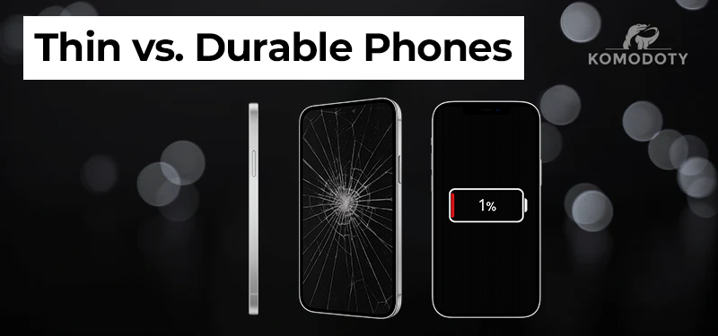 Thin smartphone side profile next to cracked screen and low battery icon showing drawbacks of ultra-slim phone design