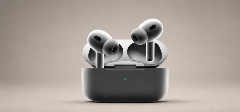 Apple AirPods Pro 3 wireless earbuds and charging case on a beige studio background.
